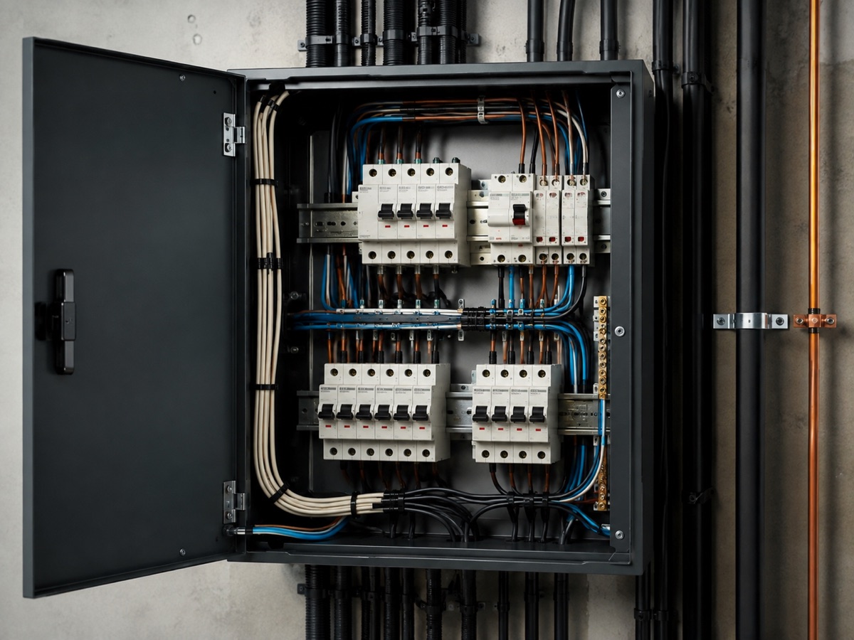 Cuadro eléctrico con protecciones y cableado organizado